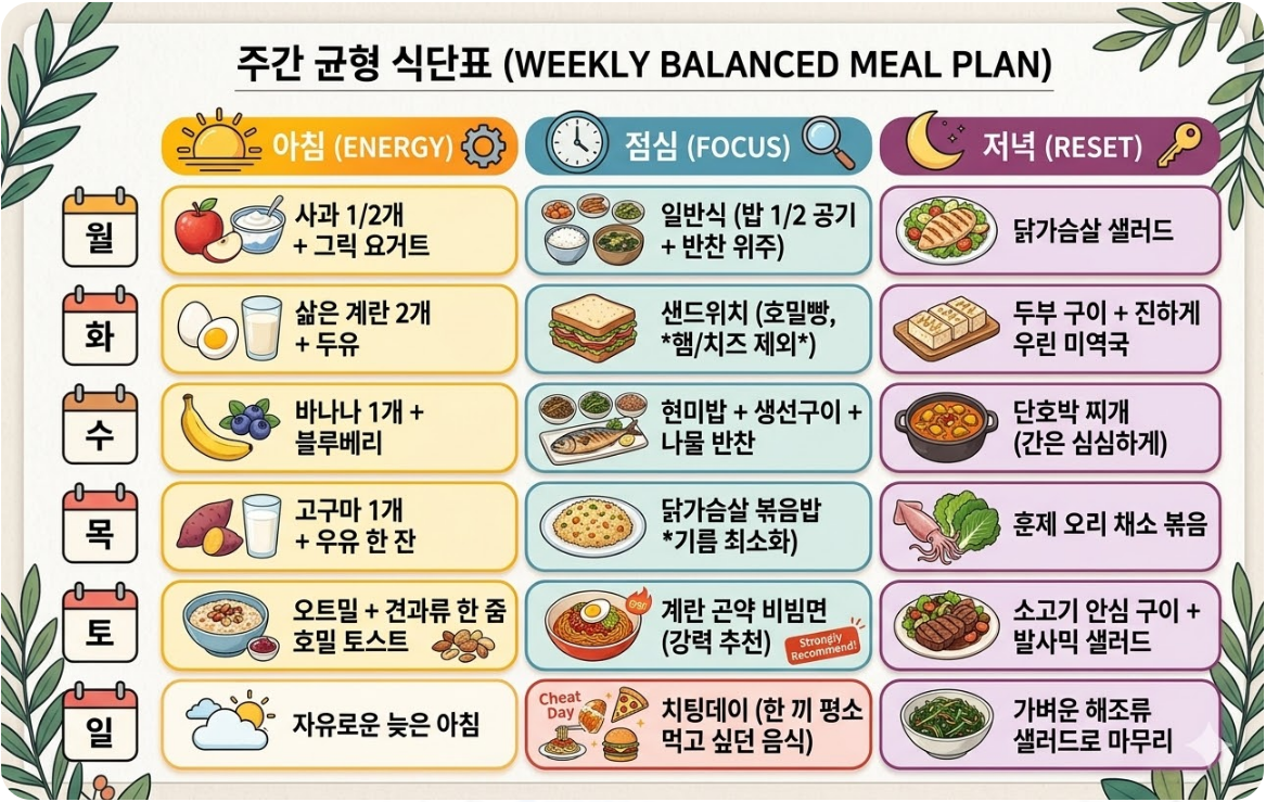 주간 균형 다이어트 식단표 이미지. 월요일부터 일요일까지 아침, 점심, 저녁 식단이 일러스트와 함께 표로 정리되어 있습니다.