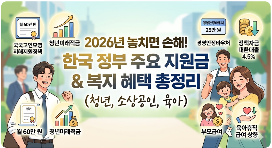 2026년 놓치면 손해! 한국 정부 주요 지원금 & 복지 혜택 총정리 (청년, 소상공인, 육아) 